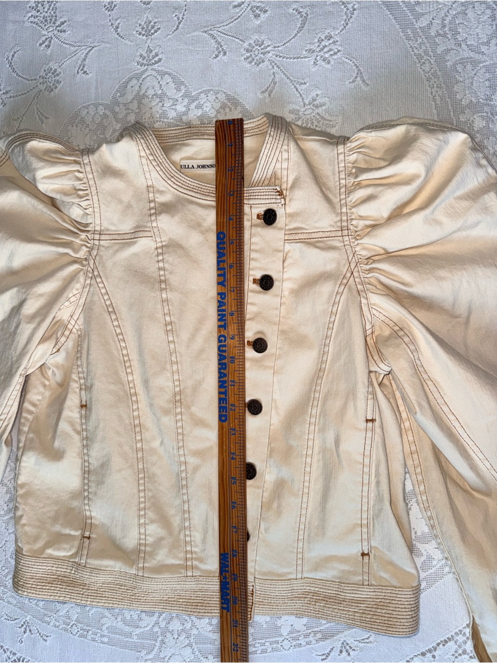 Ulla Johnson Cream Cosette Denim Jacket Puff Sleeve Contrast Stitch Size S - Picture 8 of 15